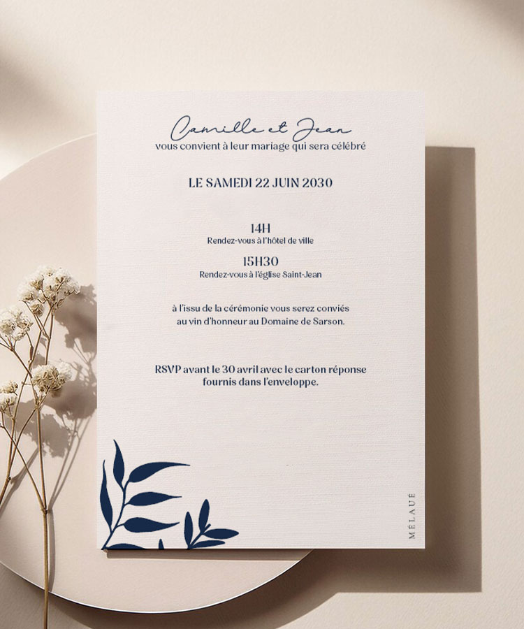 Faire part de mariage Feuillage Azur