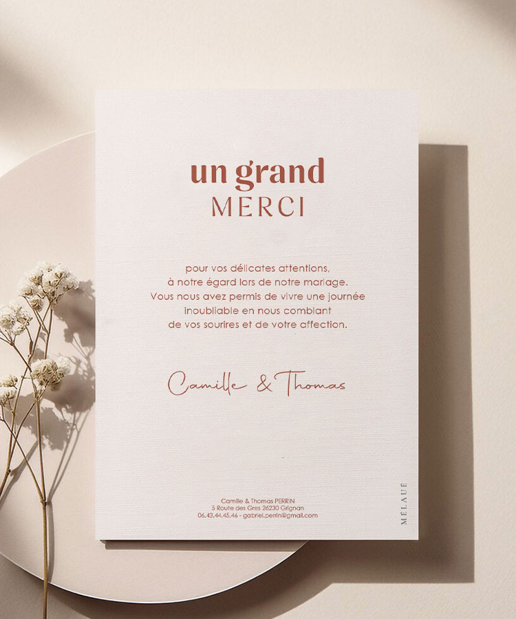 Carte remerciement mariage Terracotta