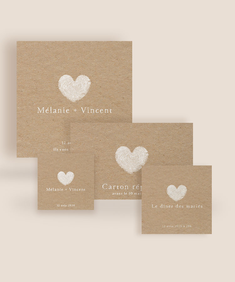 Faire part mariage empreintes cœur kraft