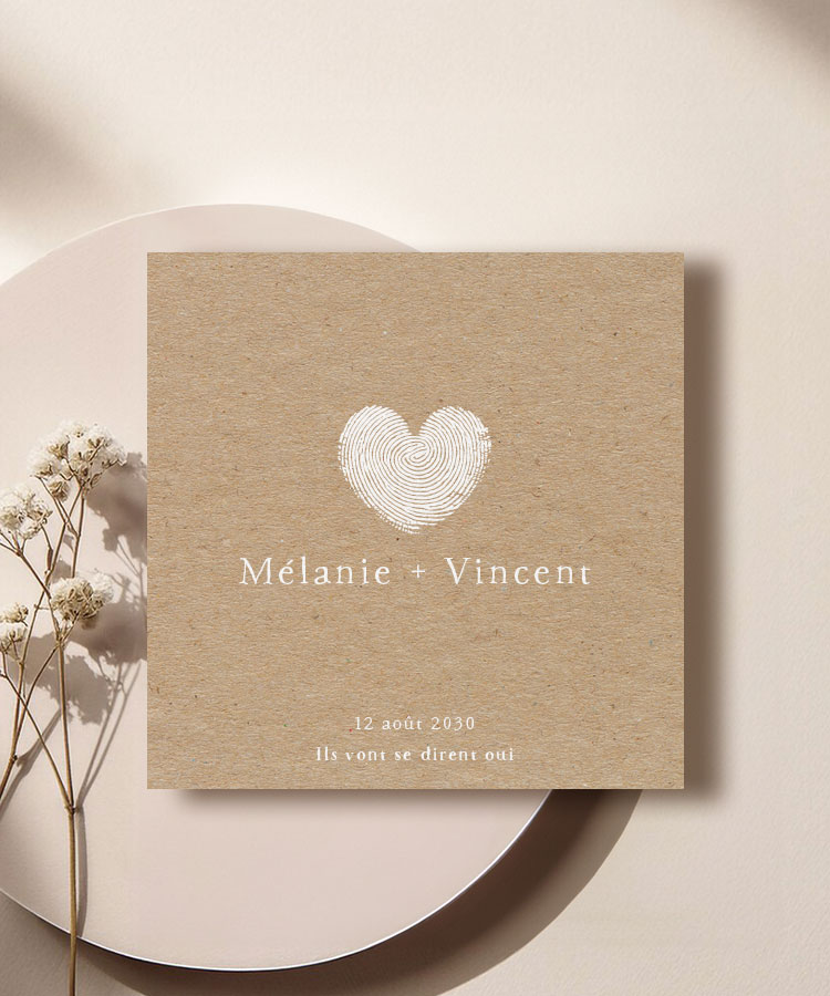 Faire part mariage empreintes cœur kraft