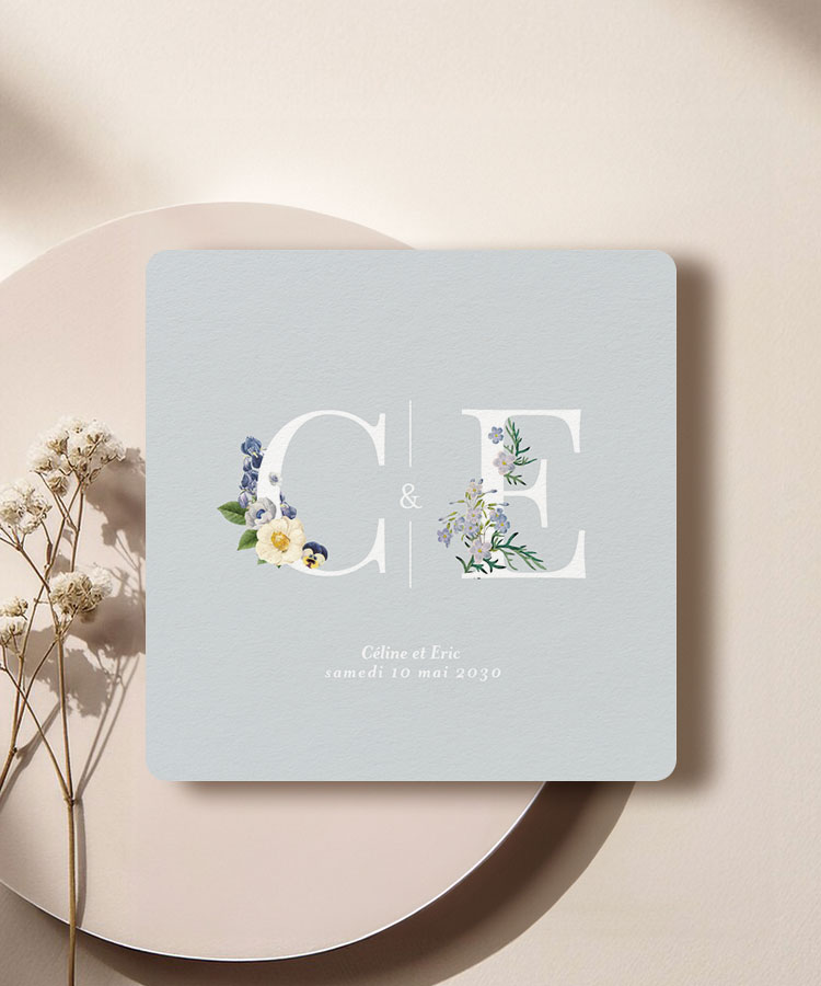Faire part de mariage initiales florales