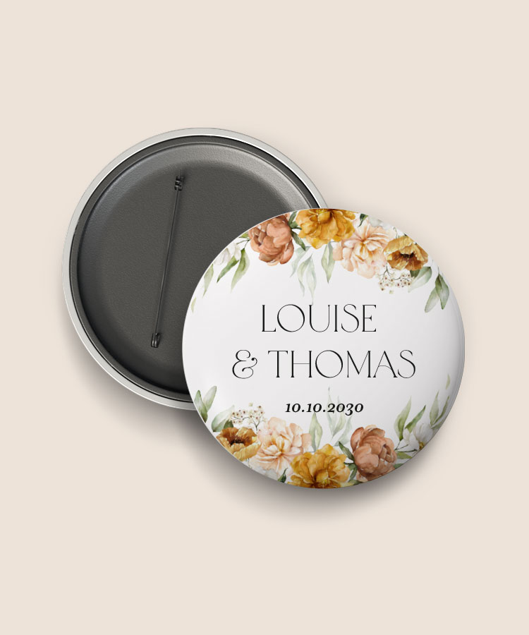 Badge mariage personnalisé fleurs