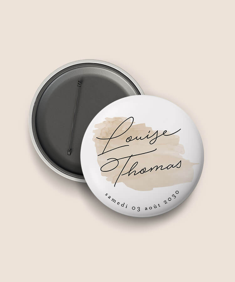 Badge mariage personnalisé aquarelle beige