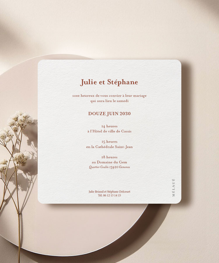 Faire-part mariage terracotta initiale carré