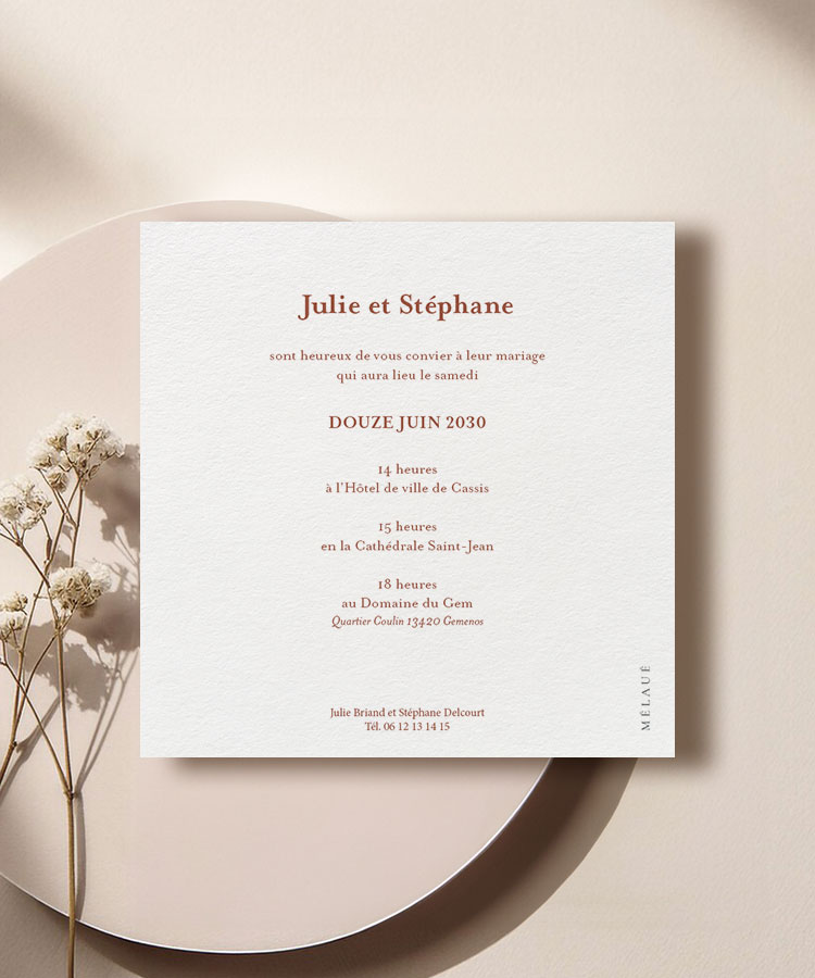 Faire-part mariage terracotta initiale carré