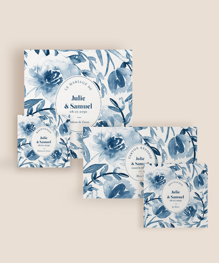 Faire-part de mariage feuillage Bleu