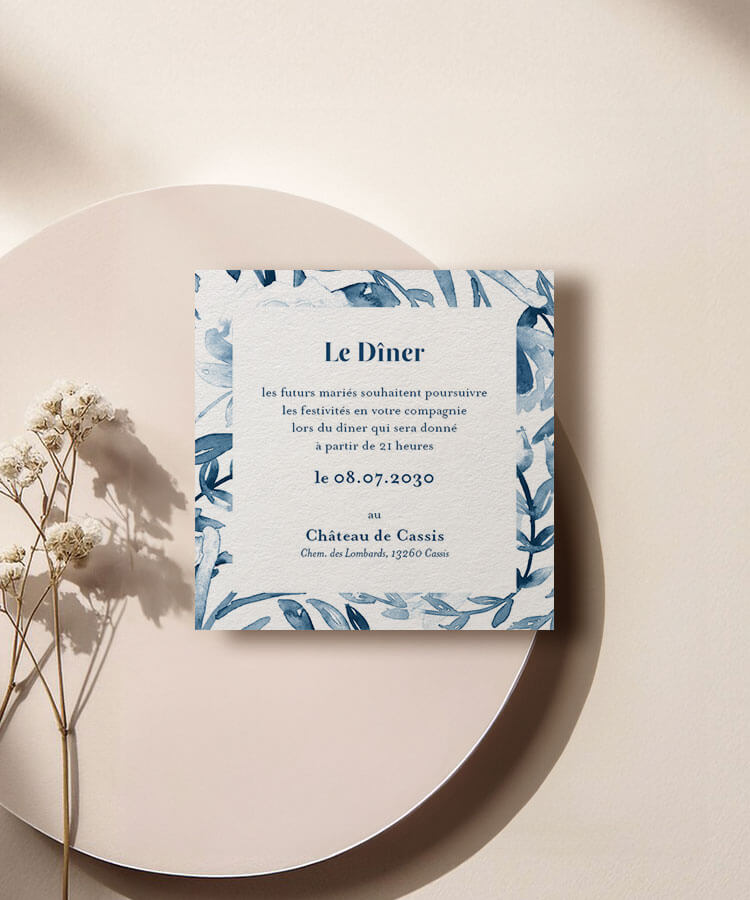 Carte invitation mariage fleurs bleue