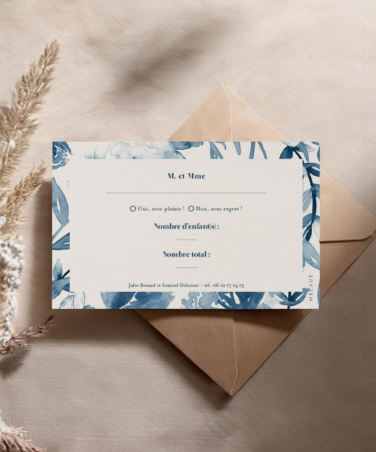Carton réponse mariage fleur bleu