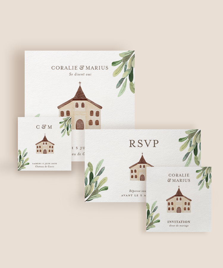 Faire-part de mariage illustration église