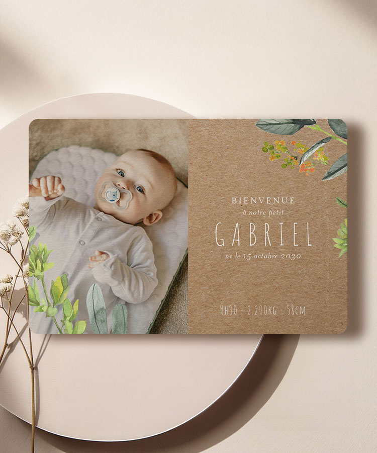 Faire-part naissance kraft feuille
