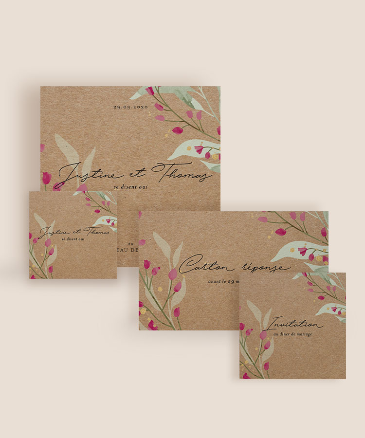 Faire-part mariage kraft fleuri